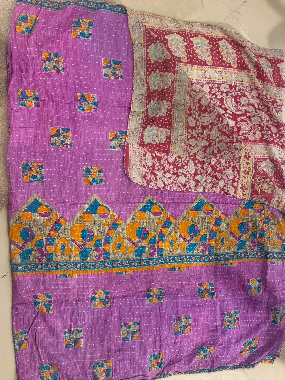 KAnTHA Reversible Bedspread /Throw - Purple,Teal ,Orange & Red Floral Vintage